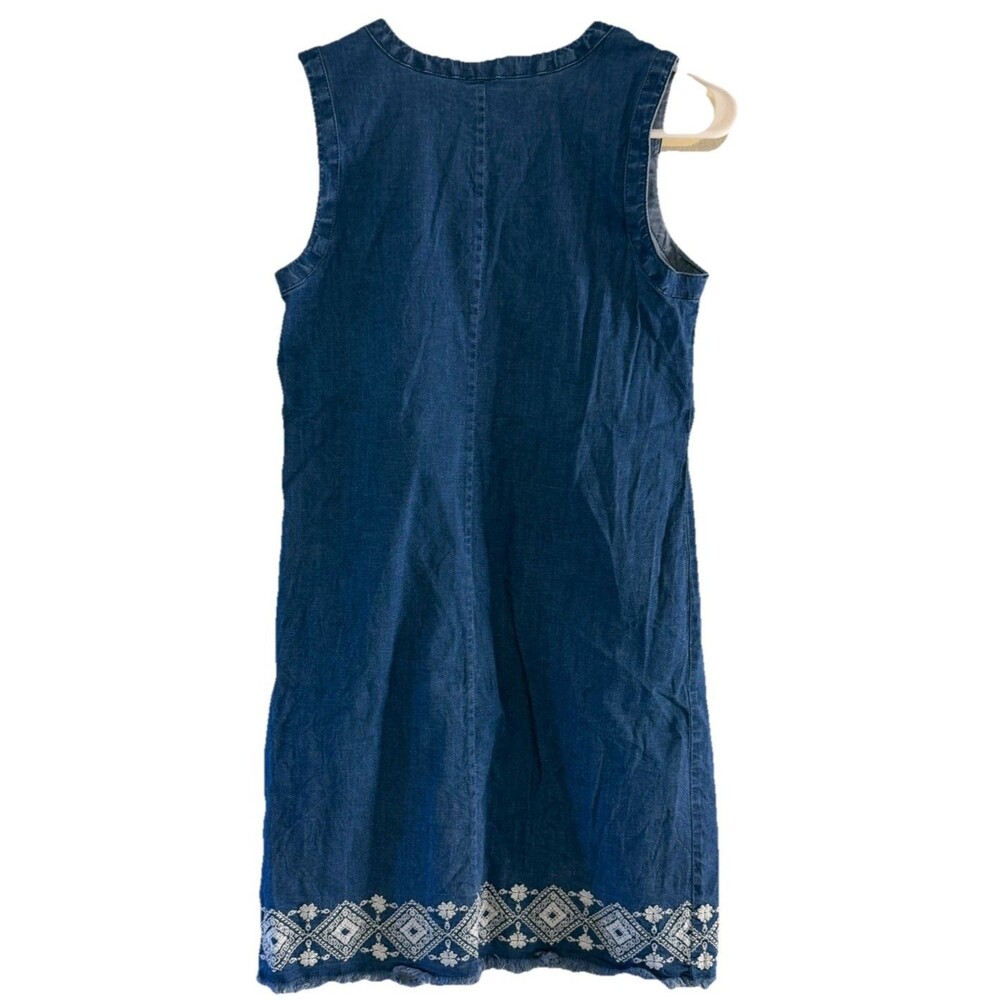 Westport Denim Dress XS Embroidered Hem Lace Up Sleeveless Cotton Chambray Boho - Picture 2 of 6